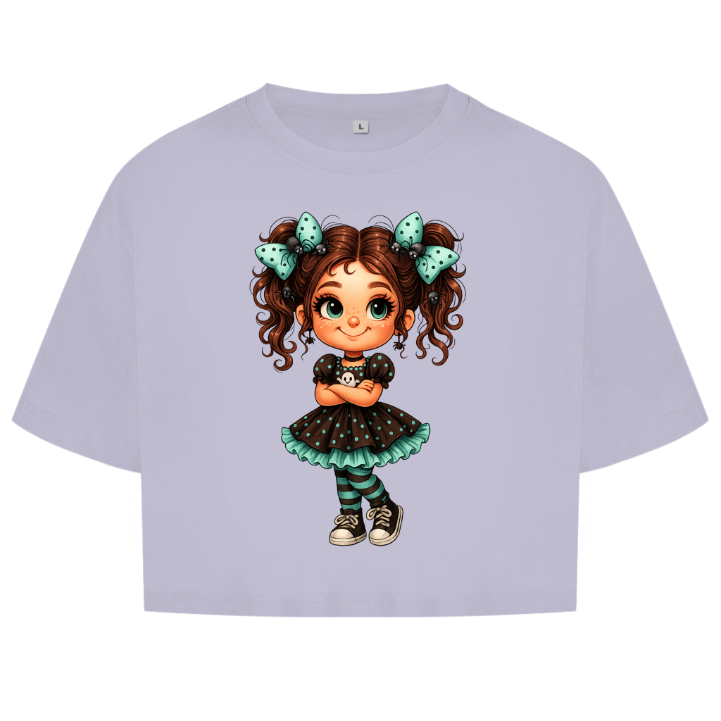 Damen Oversize Crop Top Girl Spinnenhaare und türkis schwarz gehalten
