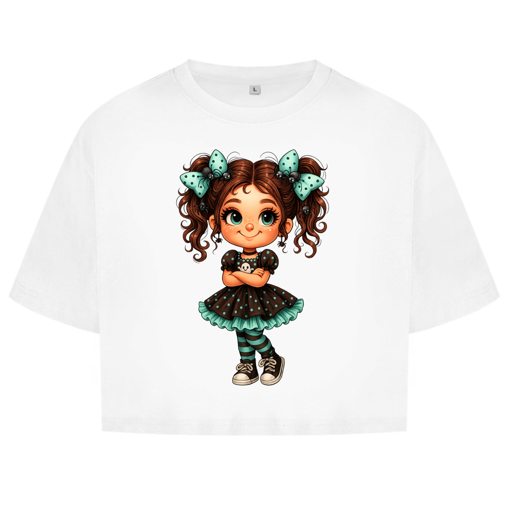 Damen Oversize Crop Top Girl Spinnenhaare und türkis schwarz gehalten