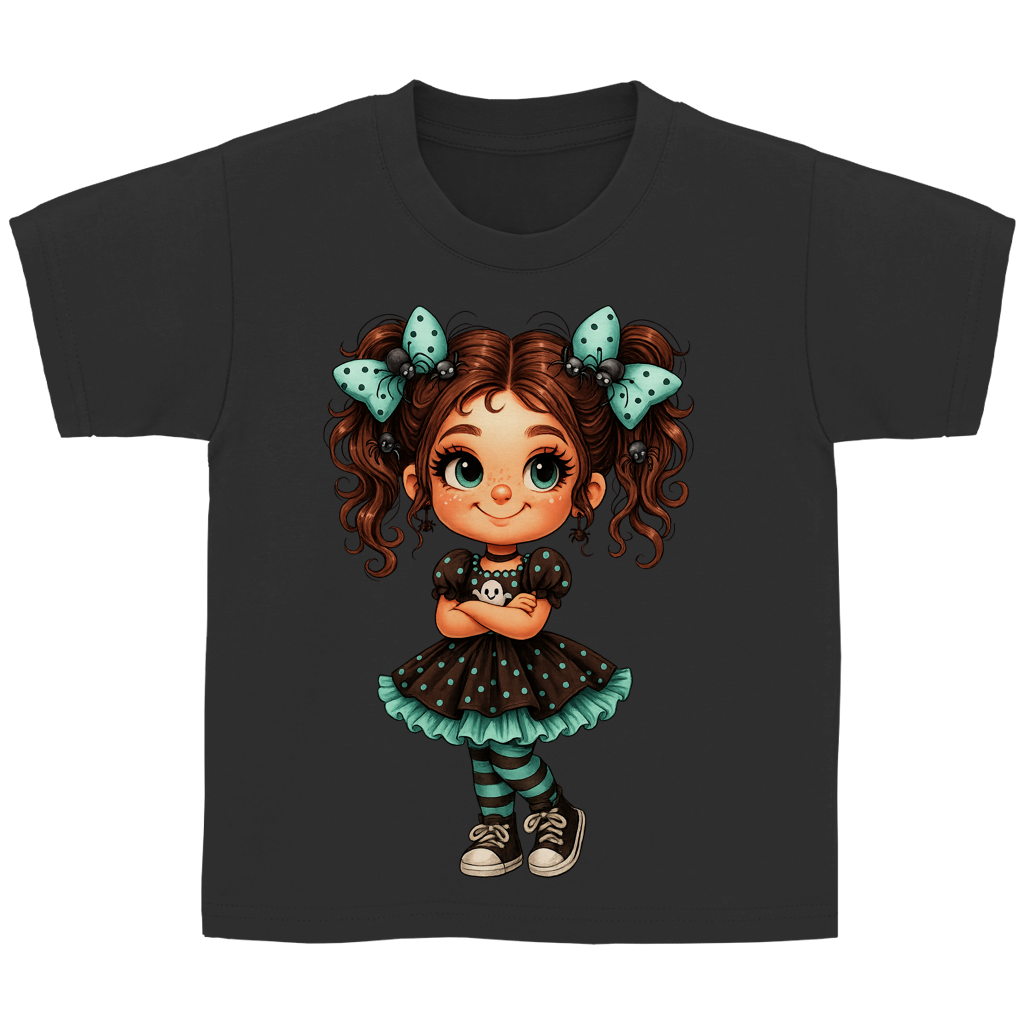 Kinder Basic T-Shirt Girl Spinnenhaare und türkis schwarz gehalten