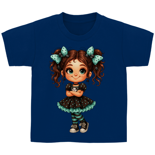Kinder Basic T-Shirt Girl Spinnenhaare und türkis schwarz gehalten