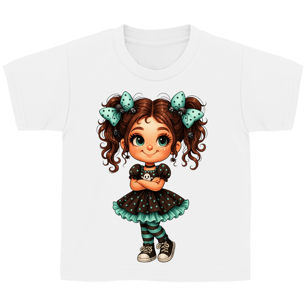 Kinder Basic T-Shirt Girl Spinnenhaare und türkis schwarz gehalten