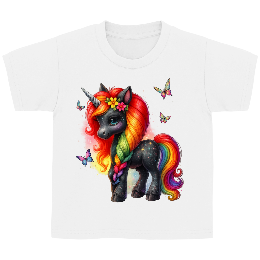 Kinder Basic T-Shirt Einhorn schwarz, bunte Mähne