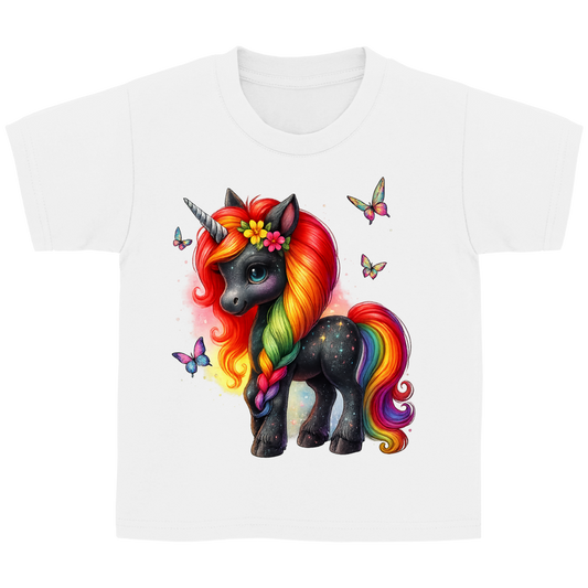 Kinder Basic T-Shirt Einhorn schwarz, bunte Mähne