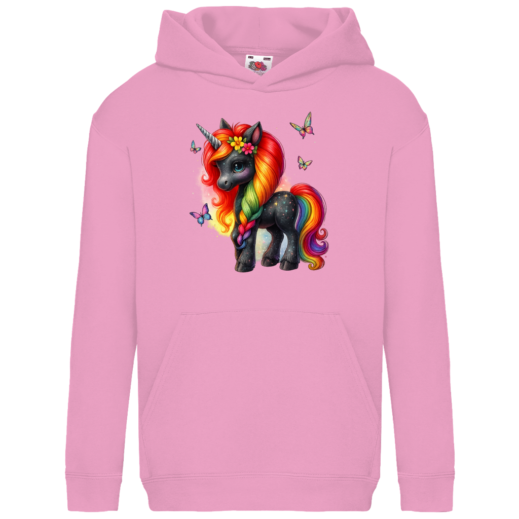 Kids Basic Hoodie Einhorn schwarz, bunte Mähne