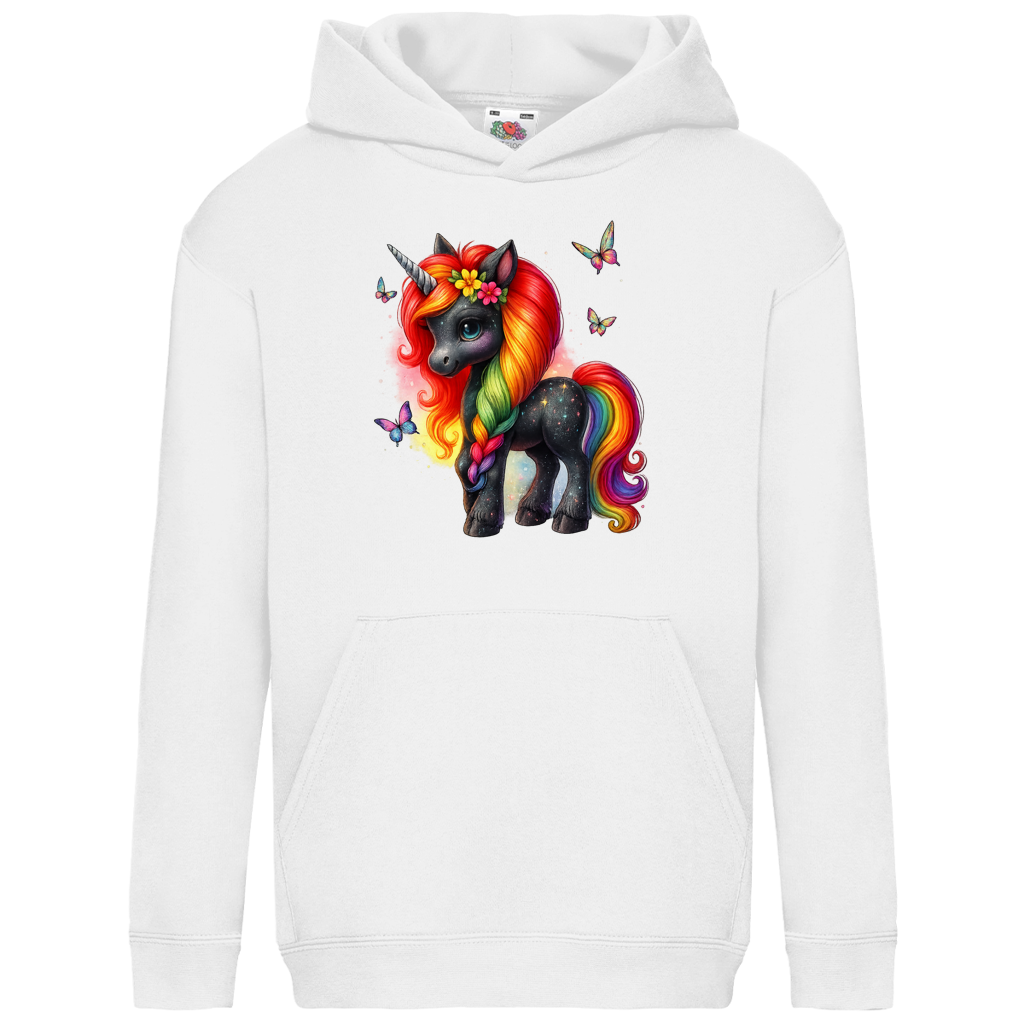 Kids Basic Hoodie Einhorn schwarz, bunte Mähne