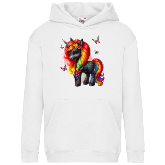 Kids Basic Hoodie Einhorn schwarz, bunte Mähne