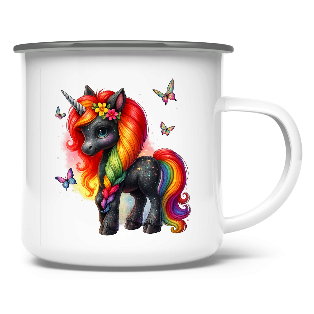 Emaille Tasse Einhorn schwarz, bunte Mähne