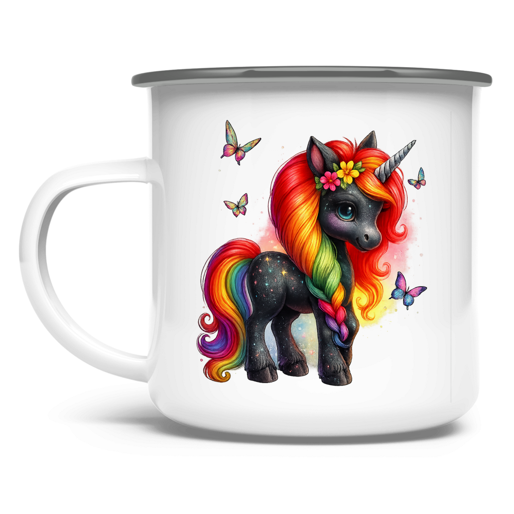 Emaille Tasse Einhorn schwarz, bunte Mähne