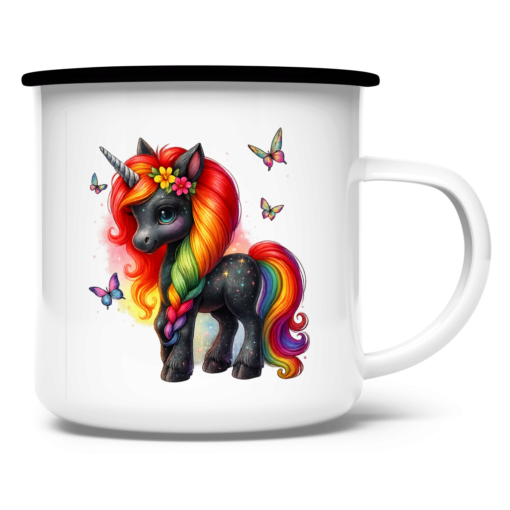 Emaille Tasse Einhorn schwarz, bunte Mähne
