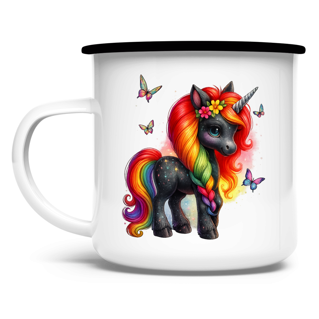 Emaille Tasse Einhorn schwarz, bunte Mähne