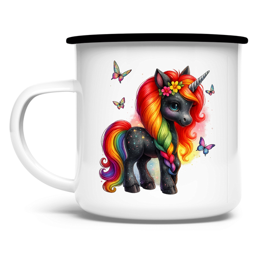 Emaille Tasse Einhorn schwarz, bunte Mähne