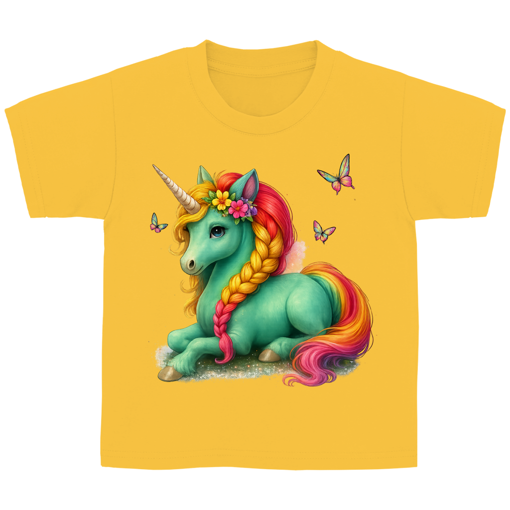 Kinder Basic T-Shirt Einhorn Türkis liegend