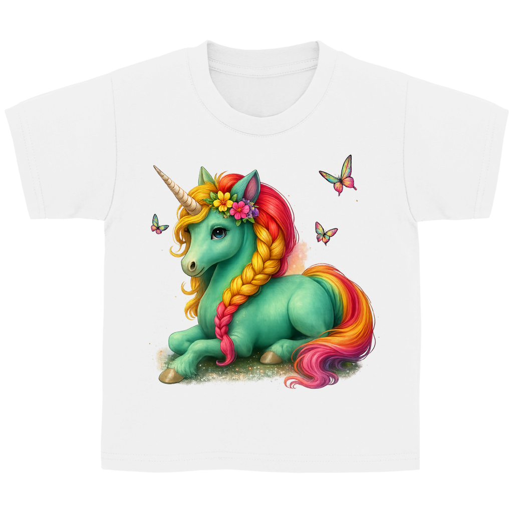 Kinder Basic T-Shirt Einhorn Türkis liegend