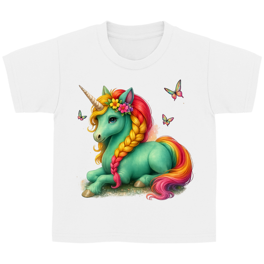 Kinder Basic T-Shirt Einhorn Türkis liegend