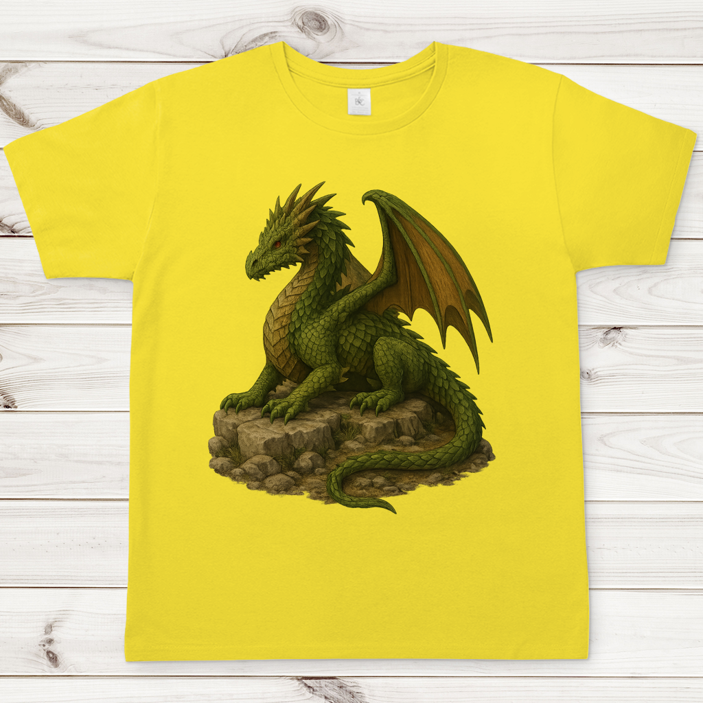 Herren T-Shirt Drache liegend auf Felsen grünlich