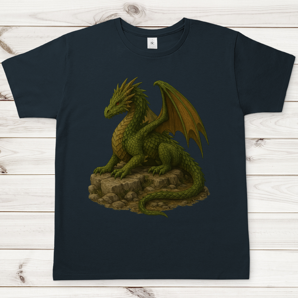 Herren T-Shirt Drache liegend auf Felsen grünlich