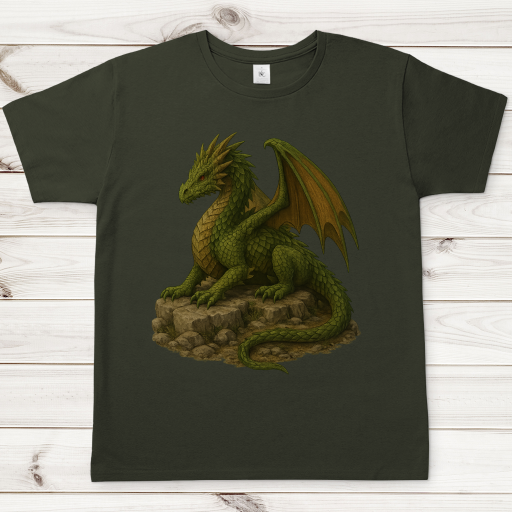 Herren T-Shirt Drache liegend auf Felsen grünlich