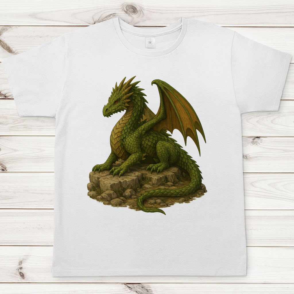 Herren T-Shirt Drache liegend auf Felsen grünlich