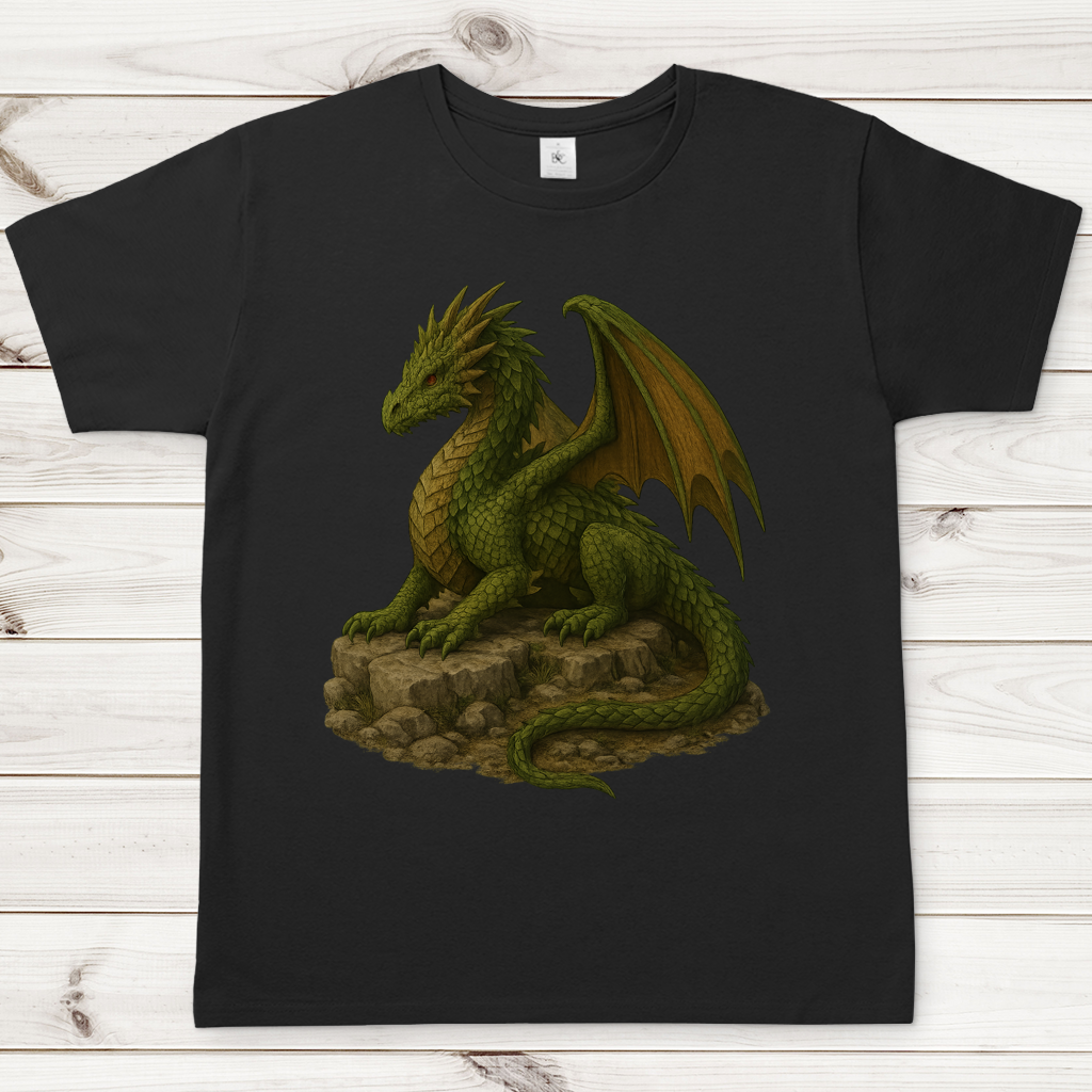Herren T-Shirt Drache liegend auf Felsen grünlich