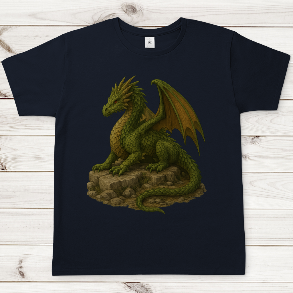 Herren T-Shirt Drache liegend auf Felsen grünlich