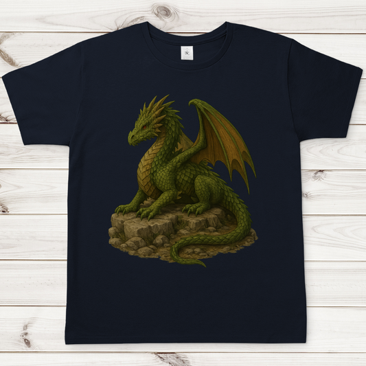 Herren T-Shirt Drache liegend auf Felsen grünlich