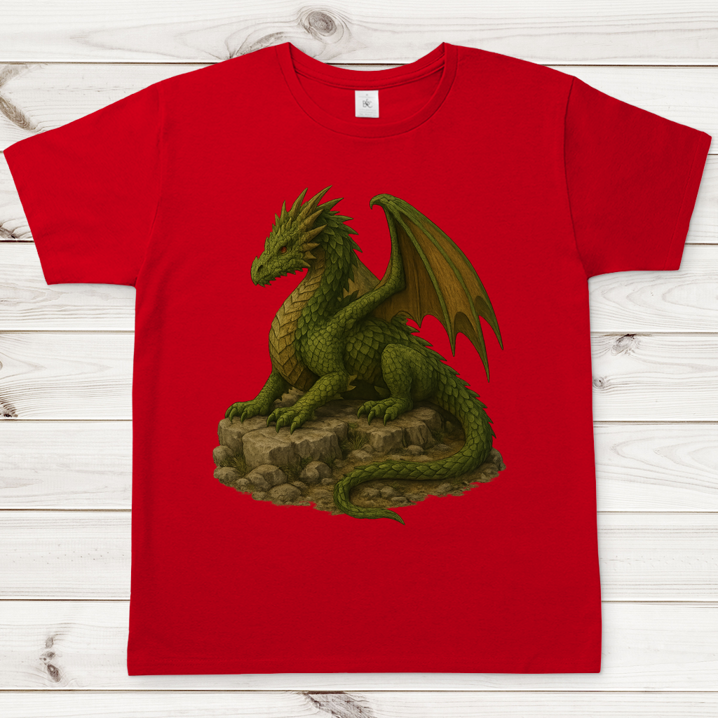 Herren T-Shirt Drache liegend auf Felsen grünlich