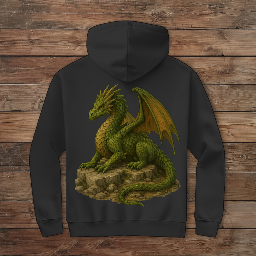 Herren Zipper Hoodie Drache liegend auf Felsen grünlich