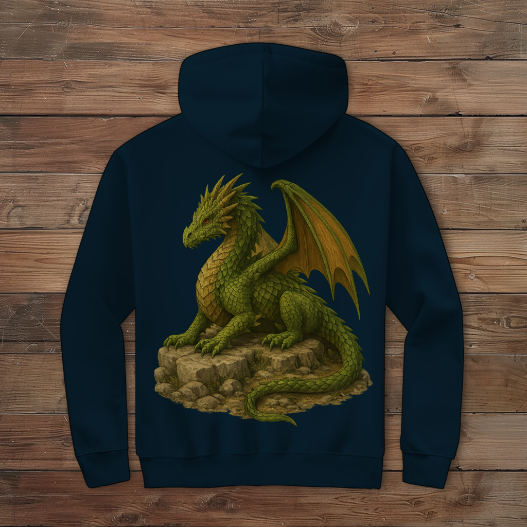 Herren Zipper Hoodie Drache liegend auf Felsen grünlich