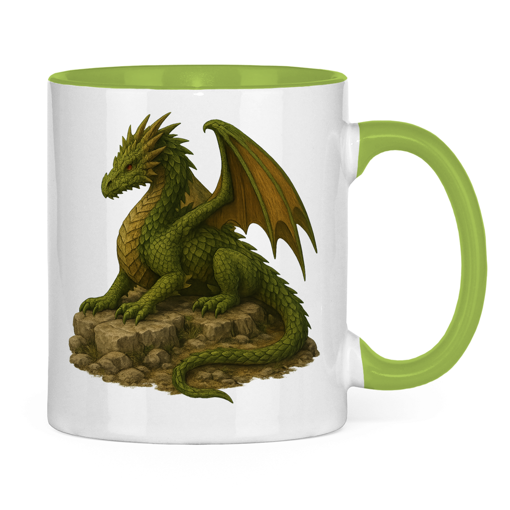 Tasse zweifarbig Drache liegend auf Felsen grünlich