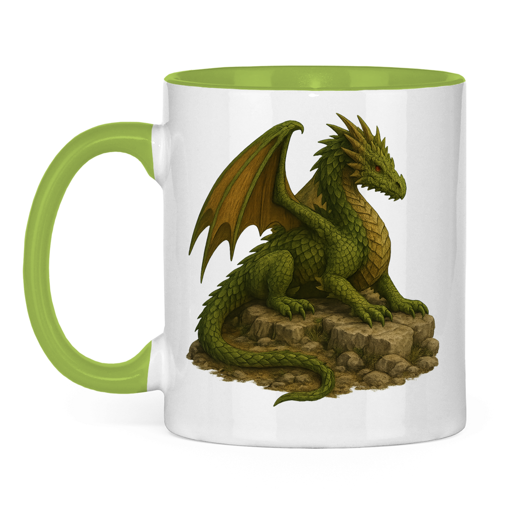 Tasse zweifarbig Drache liegend auf Felsen grünlich