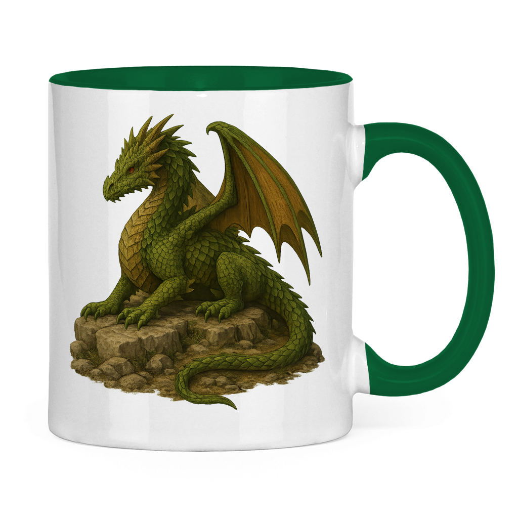 Tasse zweifarbig Drache liegend auf Felsen grünlich