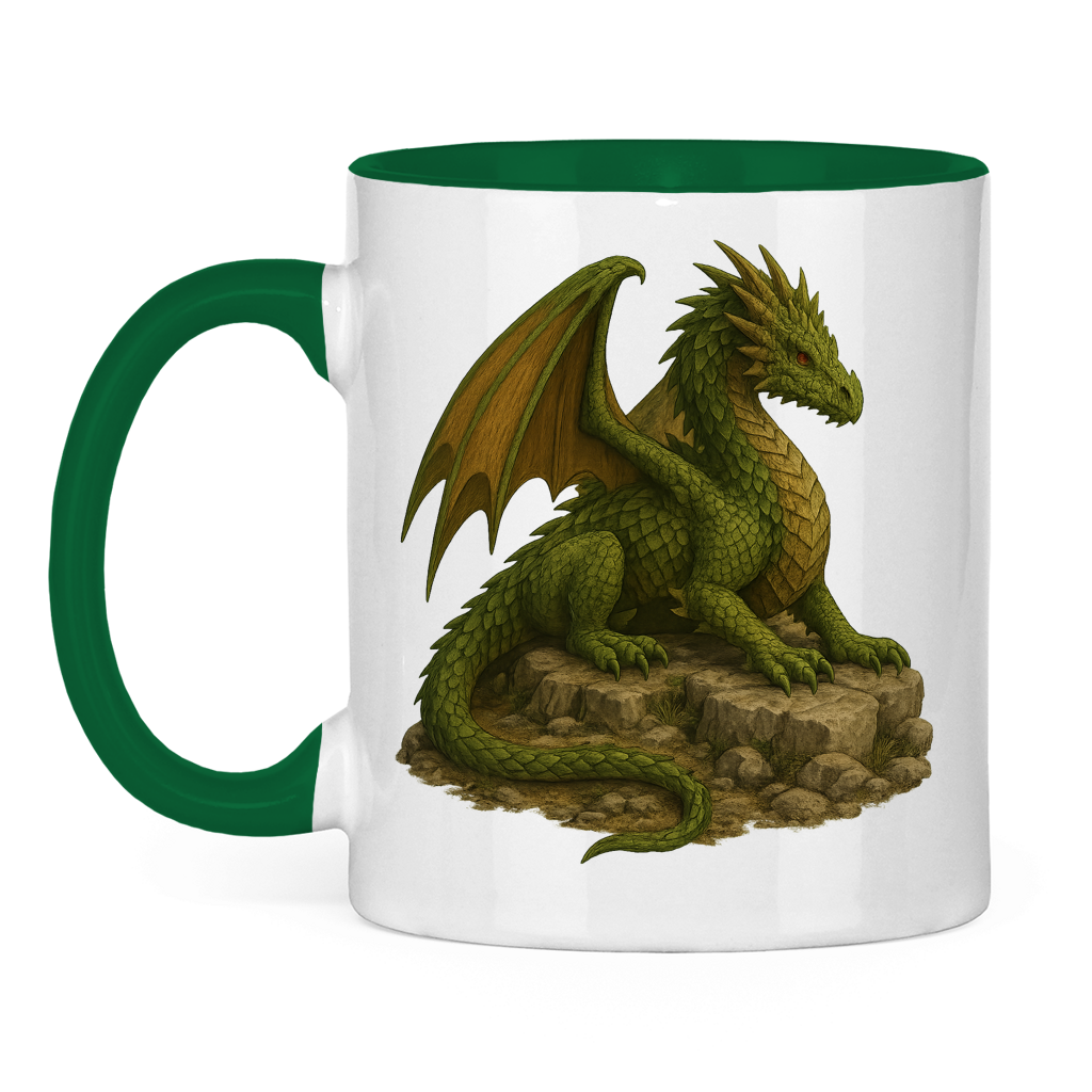 Tasse zweifarbig Drache liegend auf Felsen grünlich