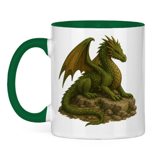 Tasse zweifarbig Drache liegend auf Felsen grünlich