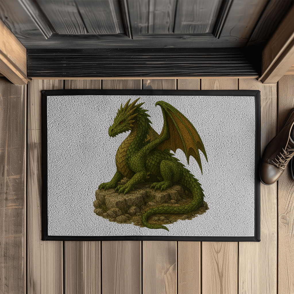 Fußmatte mit Gummirand Drache liegend auf Felsen grünlich