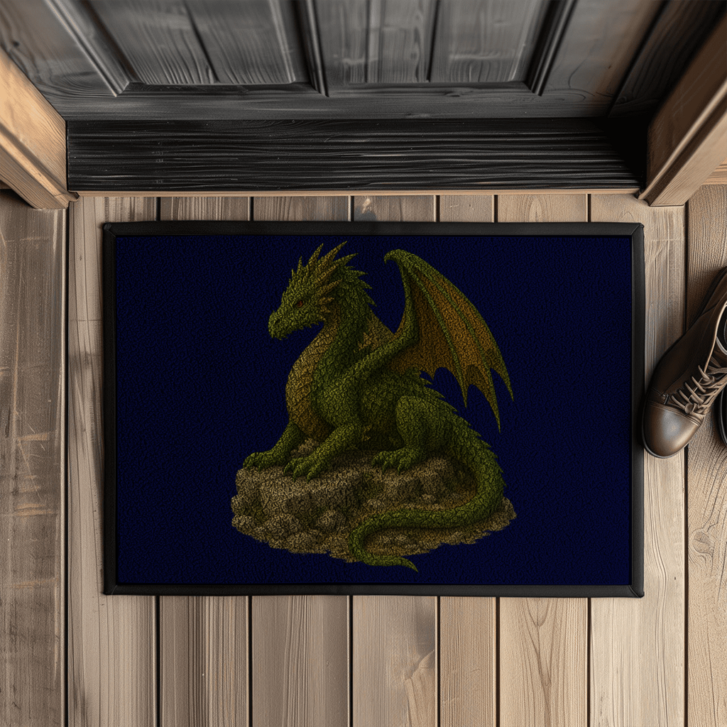 Fußmatte mit Gummirand Drache liegend auf Felsen grünlich