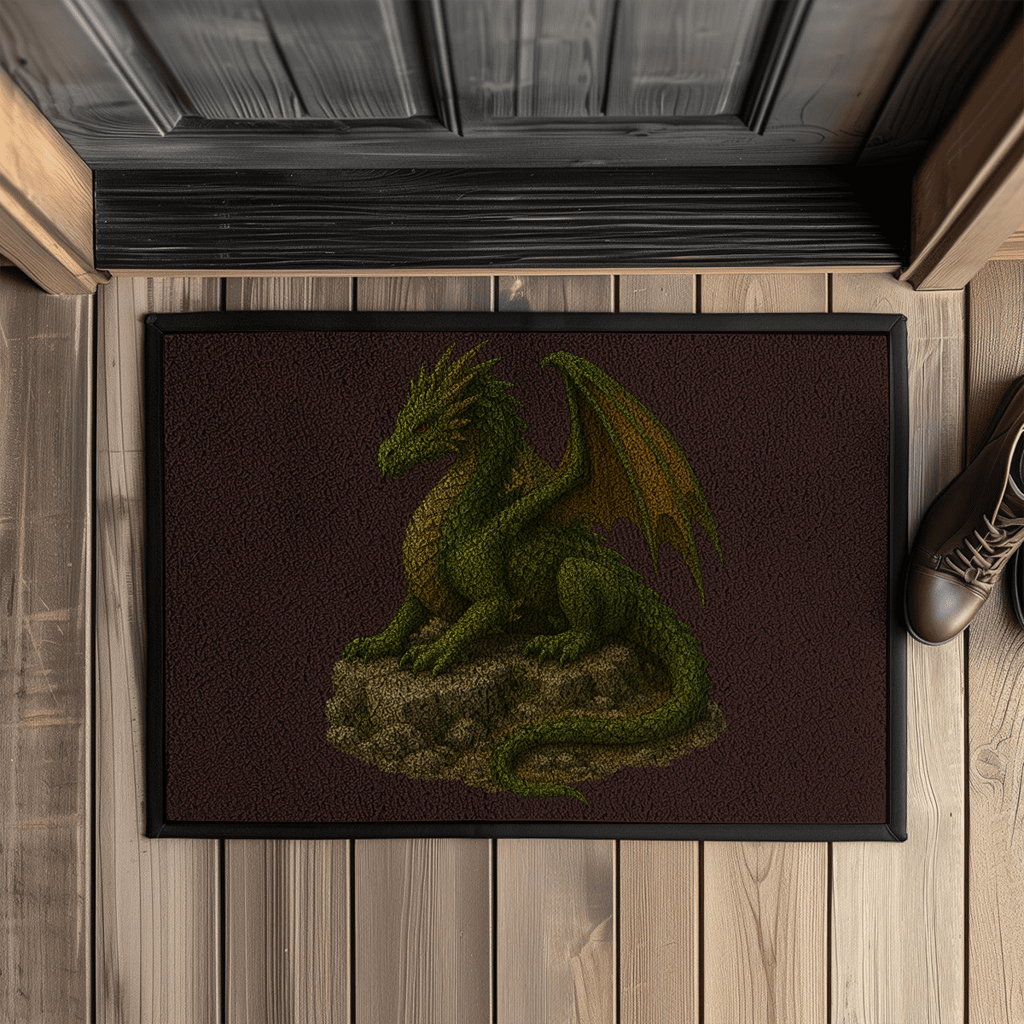 Fußmatte mit Gummirand Drache liegend auf Felsen grünlich