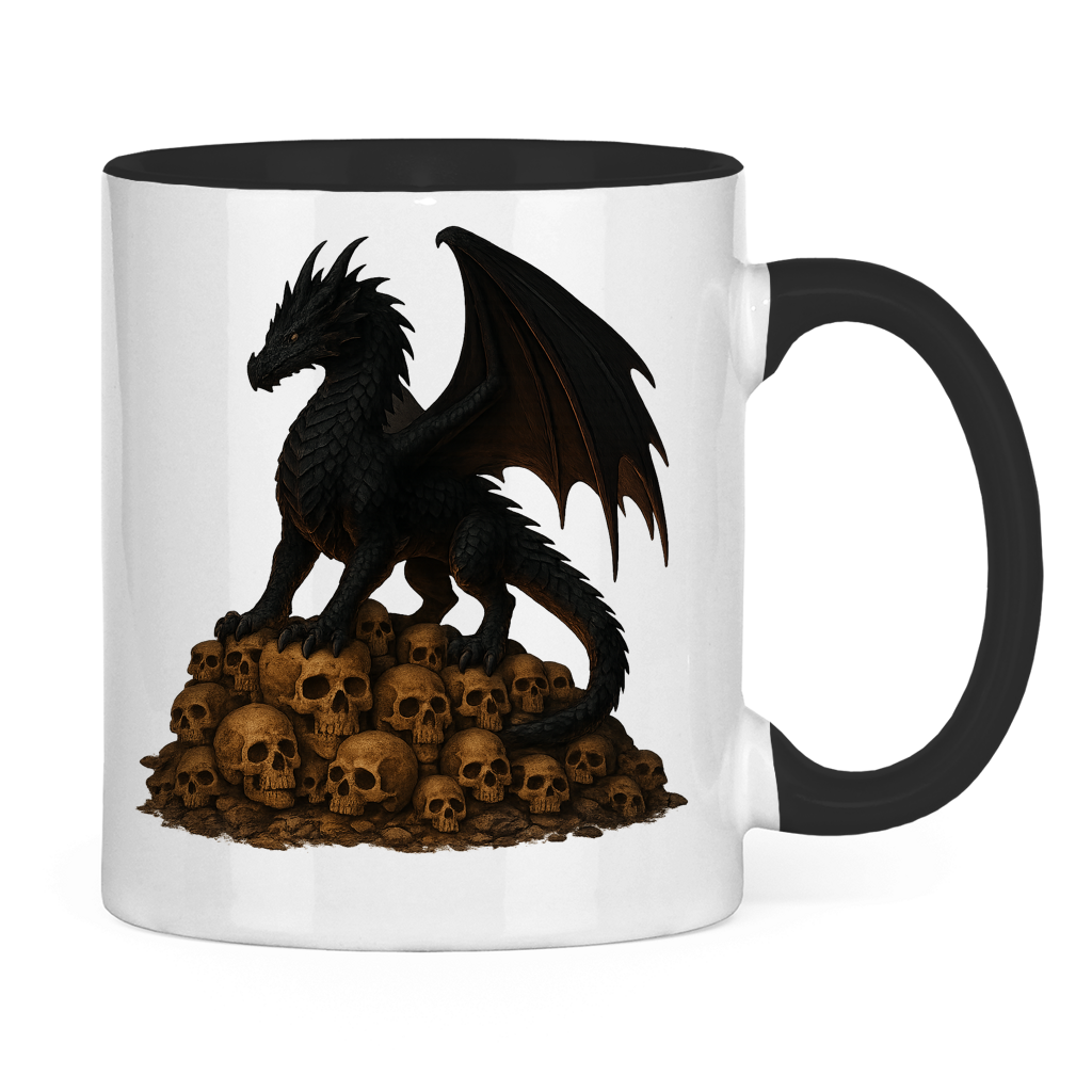 Tasse zweifarbig Drache schwarz auf Totenkopfberg