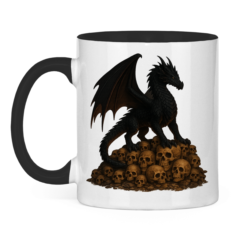 Tasse zweifarbig Drache schwarz auf Totenkopfberg