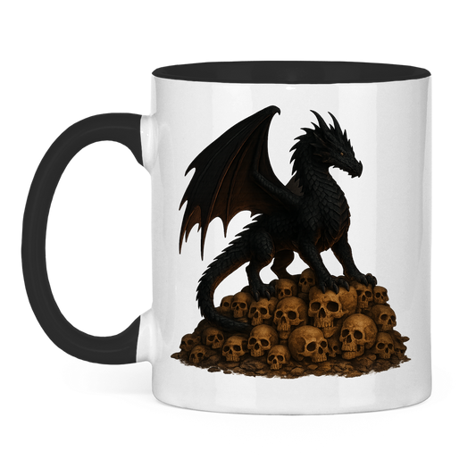 Tasse zweifarbig Drache schwarz auf Totenkopfberg