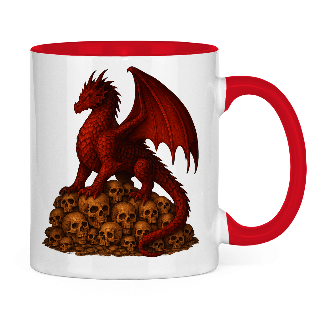 Tasse zweifarbig Drache rot auf Totenkopfberg