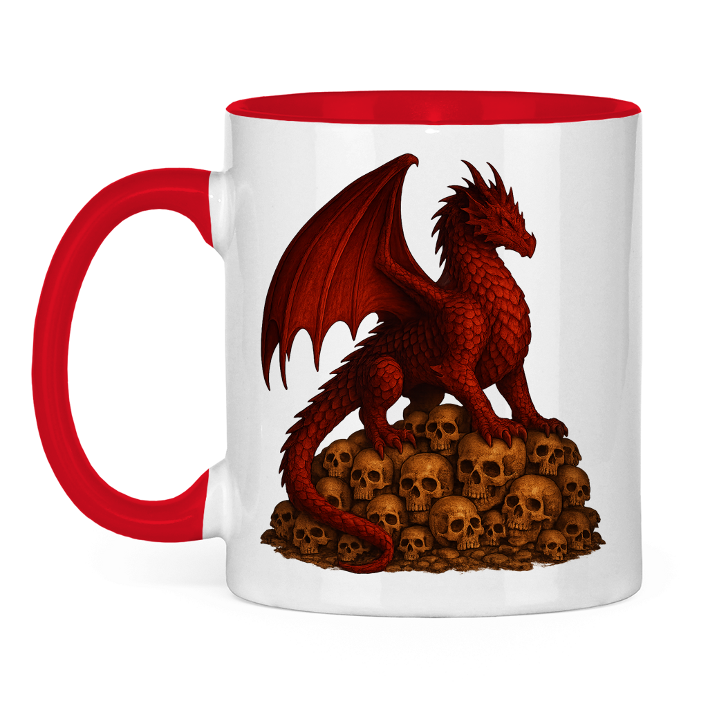 Tasse zweifarbig Drache rot auf Totenkopfberg