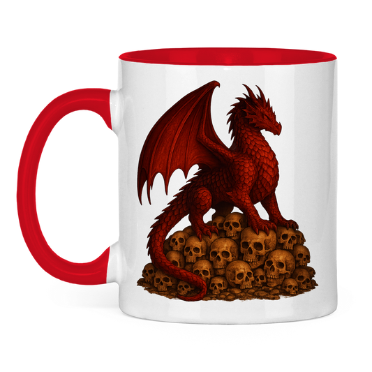Tasse zweifarbig Drache rot auf Totenkopfberg