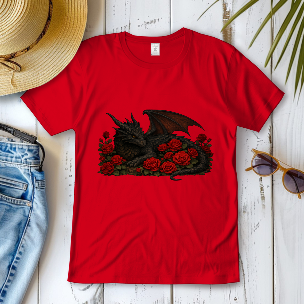 Damen T-Shirt Drache schwarz liegend in Rosen