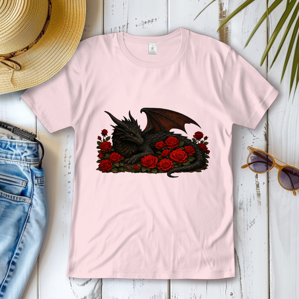 Damen T-Shirt Drache schwarz liegend in Rosen