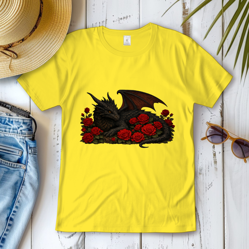 Damen T-Shirt Drache schwarz liegend in Rosen