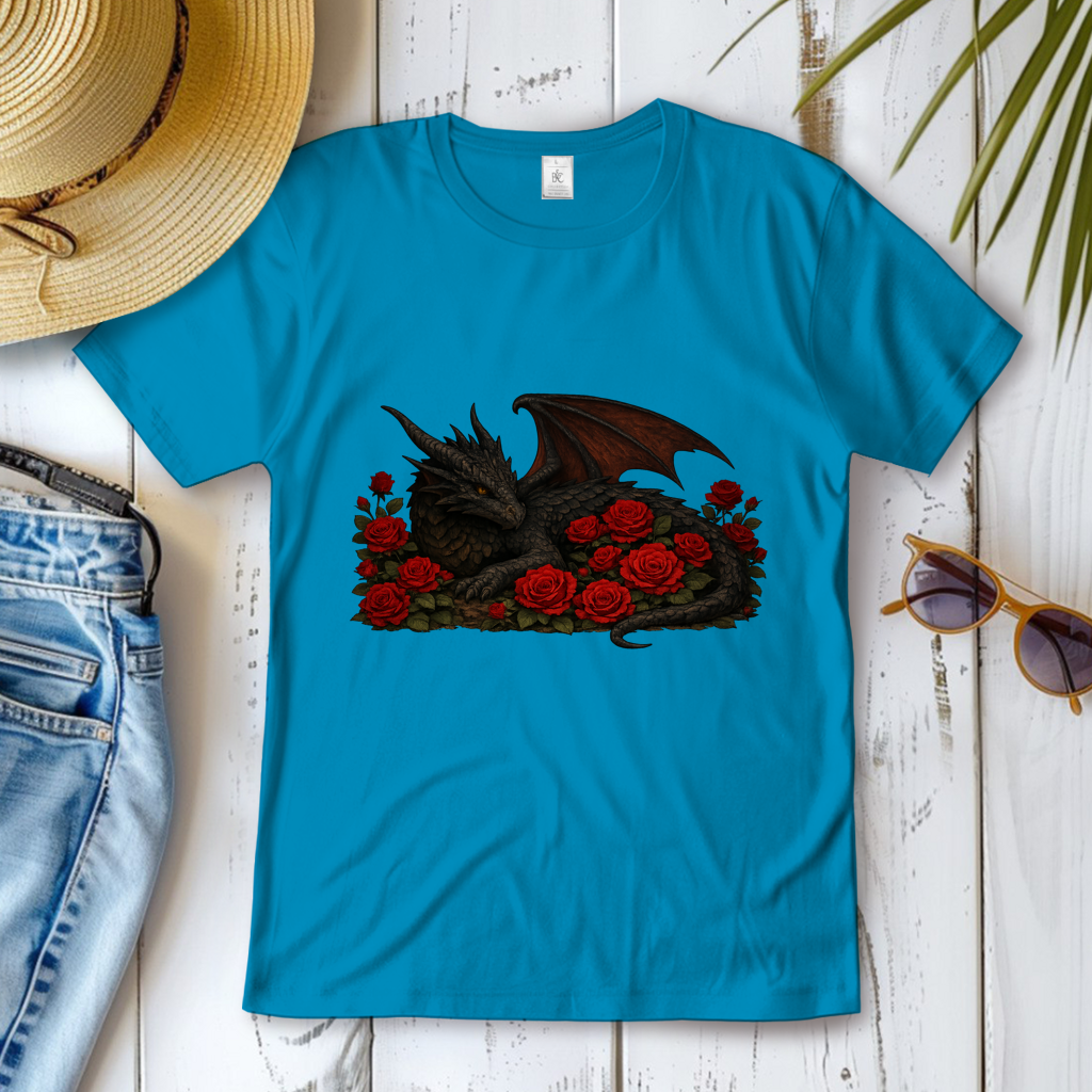 Damen T-Shirt Drache schwarz liegend in Rosen