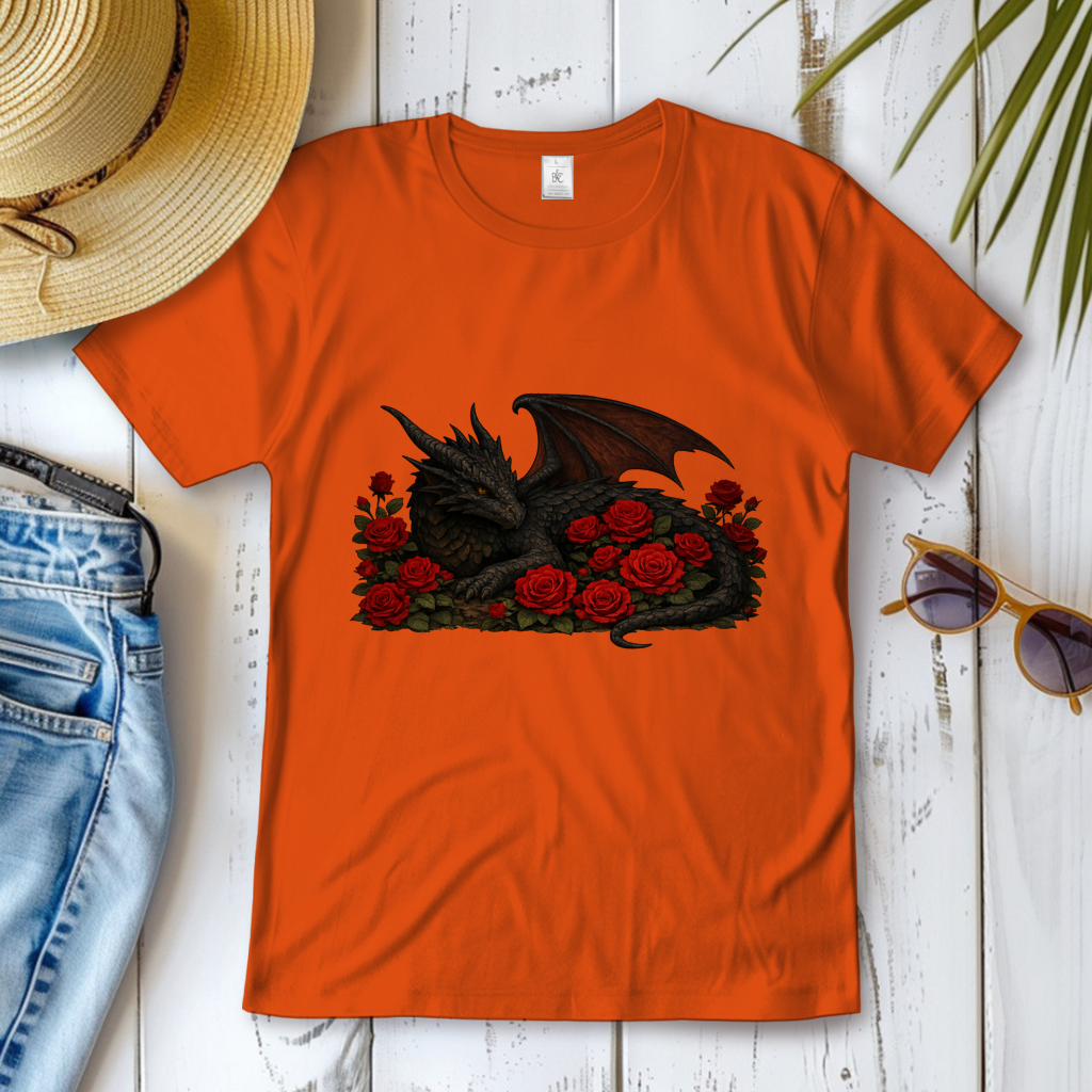 Damen T-Shirt Drache schwarz liegend in Rosen