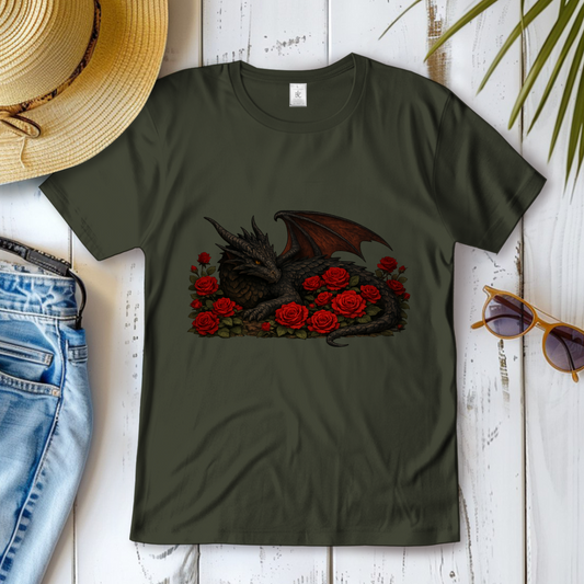 Damen T-Shirt Drache schwarz liegend in Rosen