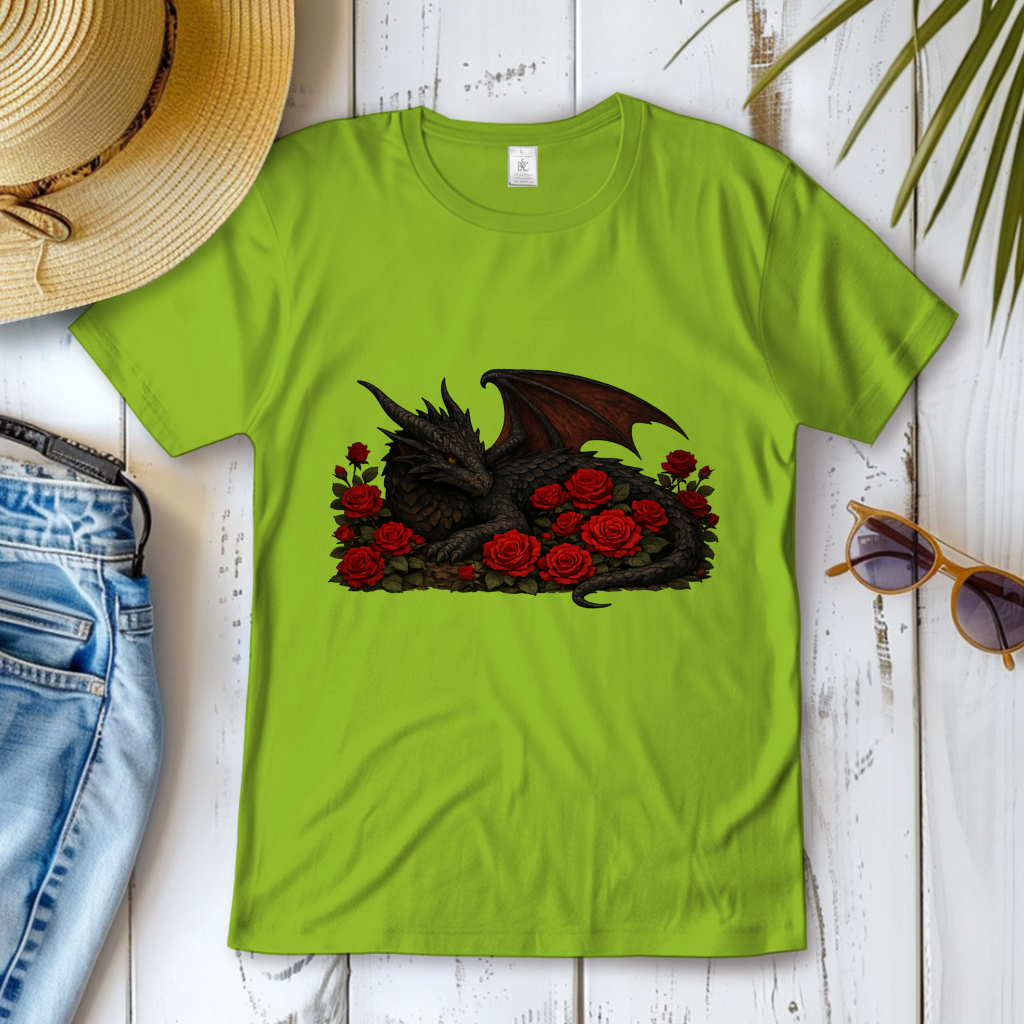 Damen T-Shirt Drache schwarz liegend in Rosen