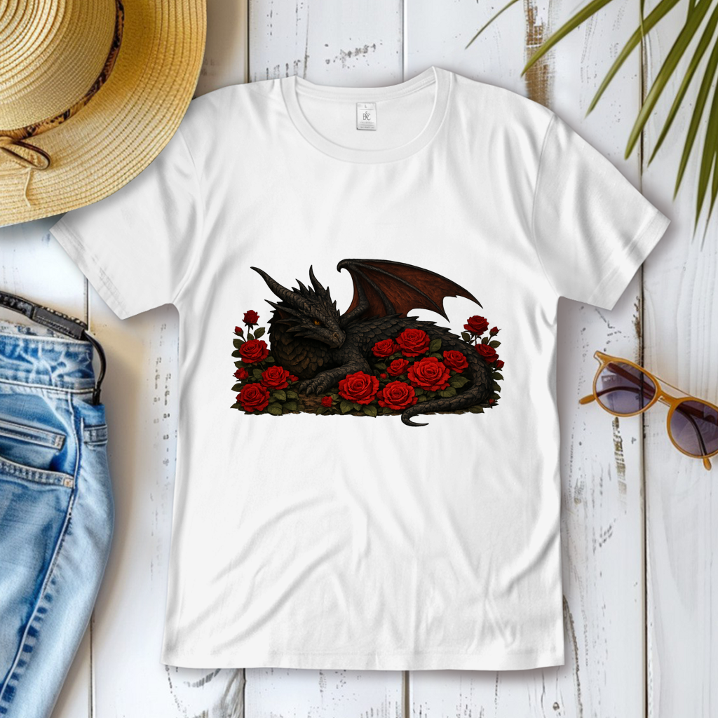 Damen T-Shirt Drache schwarz liegend in Rosen